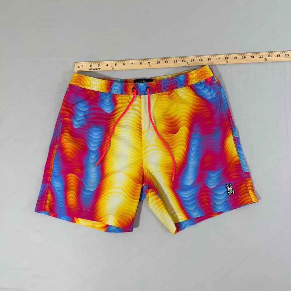 Psycho Bunny Mens Large Wave Print Swim Trunks Psychedelic Board Shorts L
